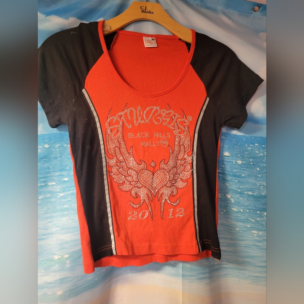 Harley-Davidson Sturgis‎ 2012 Women's Orange Rhinestone Tshirt Size XL